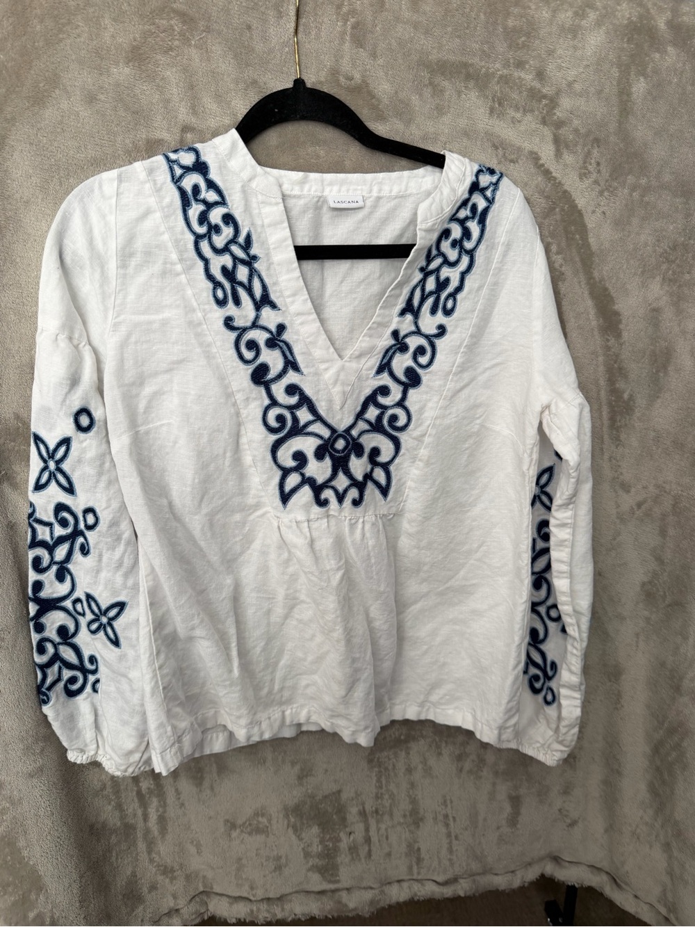 Women's White V-Neck Tunic with Navy Embroidery